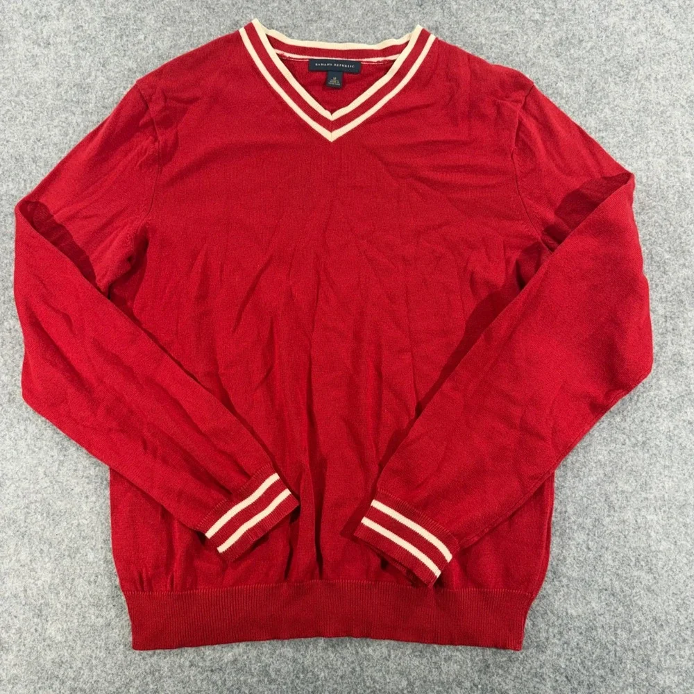 Banana Republic Mens Red V-Neck Sweater Ivory Tipping Collegiate Pullover M
